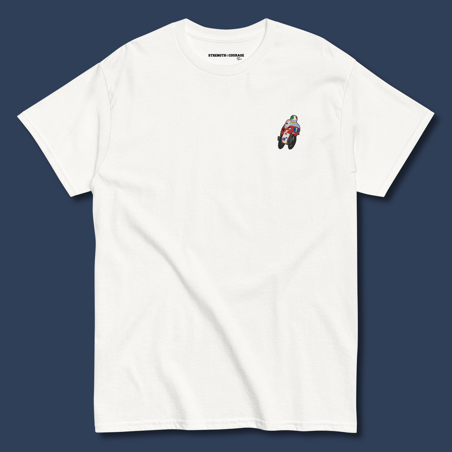 Embroidered cotton T-shirt featuring Giacomo Agostini riding his legendary MV Agusta, celebrating the golden era of MotoGP and one of the greatest World Champions in racing history. This short sleeve T-shirt design captures pure speed, style, and heritage. Made from premium cotton, it’s a timeless graphic tee and perfect Tshirt gift for him with free shipping included. Honor Agostini’s racing legacy and Italian excellence. Shop now and wear motorcycle history!