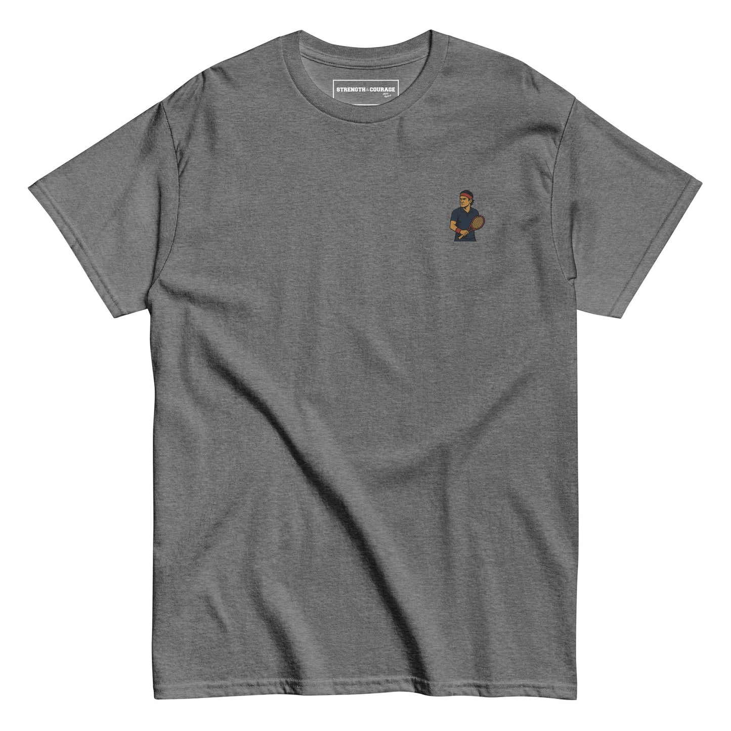 Premium grey melange cotton short sleeve t-shirt featuring a small embroidered graphic of Roger Federer in a navy tennis kit and his iconic red headband.