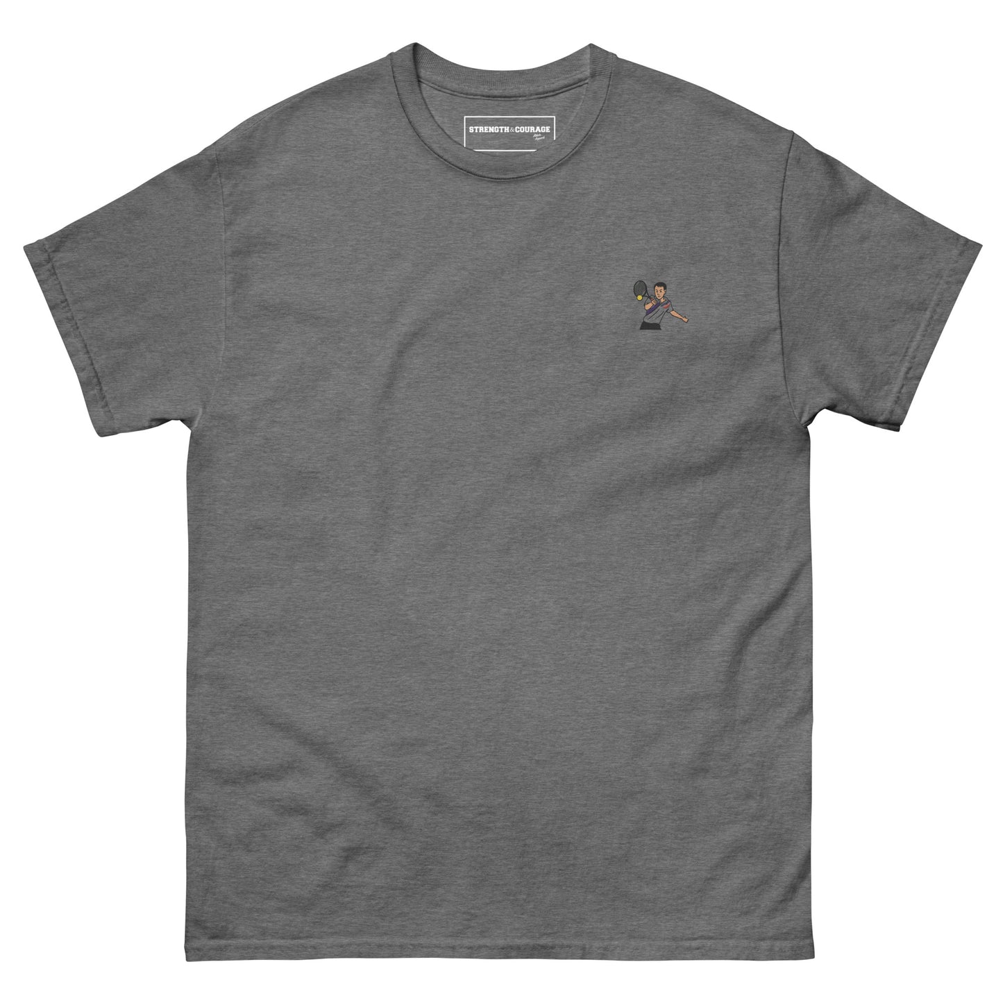 Grey melange cotton short sleeve t-shirt featuring a small, high-quality embroidery of tennis legend Michael Chang in a white and black kit, perfect for ATP tennis fans.