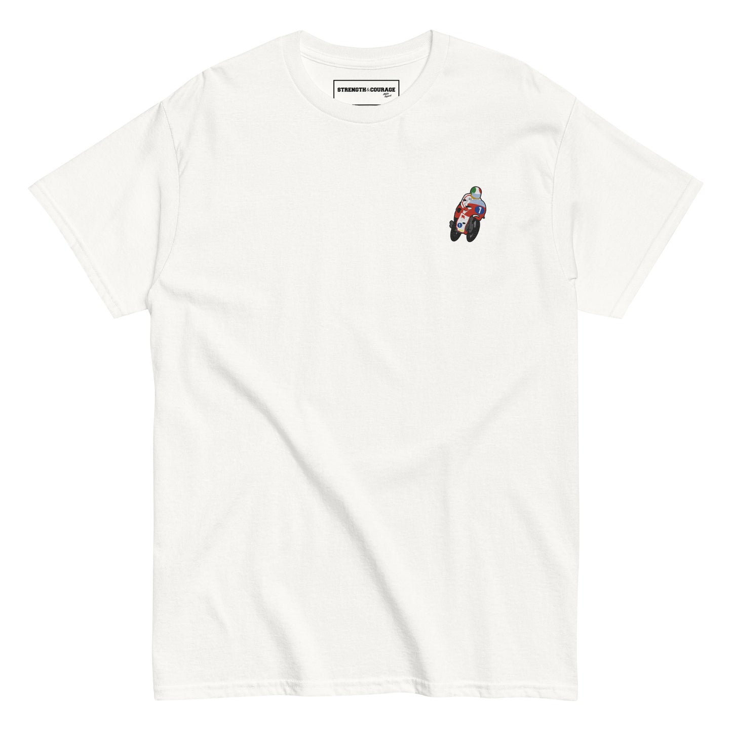 Product mockupEmbroidered cotton T-shirt featuring Giacomo Agostini riding his legendary MV Agusta, celebrating the golden era of MotoGP and one of the greatest World Champions in racing history. This short sleeve T-shirt design captures pure speed, style, and heritage. Made from premium cotton, it’s a timeless graphic tee and perfect Tshirt gift for him with free shipping included. Honor Agostini’s racing legacy and Italian excellence. Shop now and wear motorcycle history!