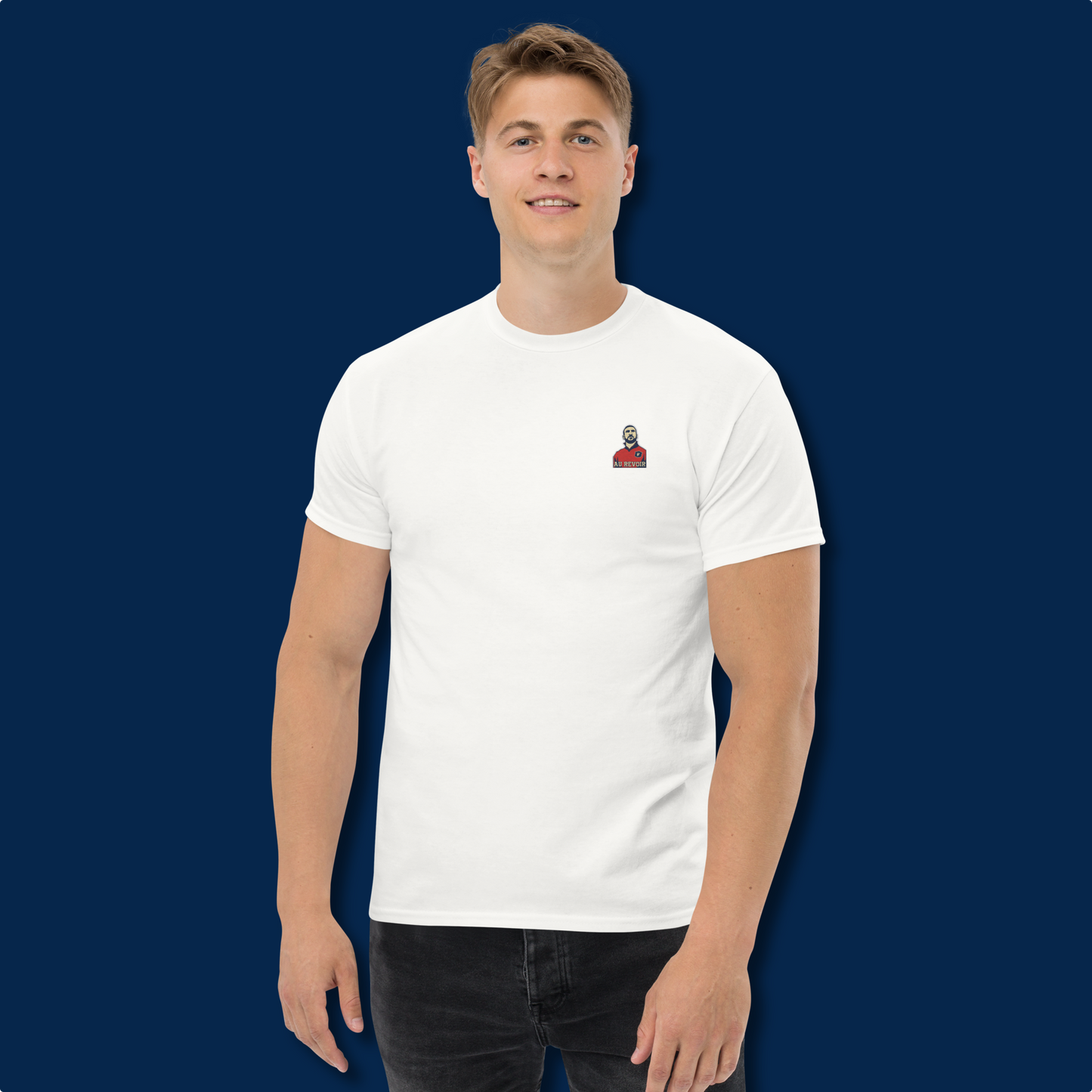 Cotton T-shirt featuring Eric Cantona, the multiple-time Manchester United champion, as the embroidery subject. Vintage style, available from S to 3XL, free shipping, Shop now.