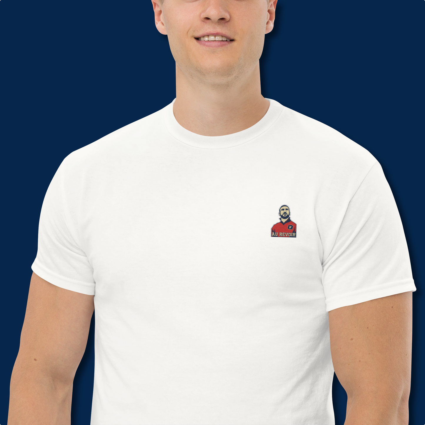 Cotton T-shirt featuring Eric Cantona, the multiple-time Manchester United champion, as the embroidery subject. Vintage style, available from S to 3XL, free shipping, Shop now.