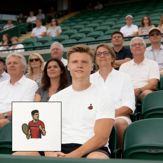 cotton short sleeve Tshirt featuring small embroidered Carlos Alcaraz graphic design, tennis fan gear.