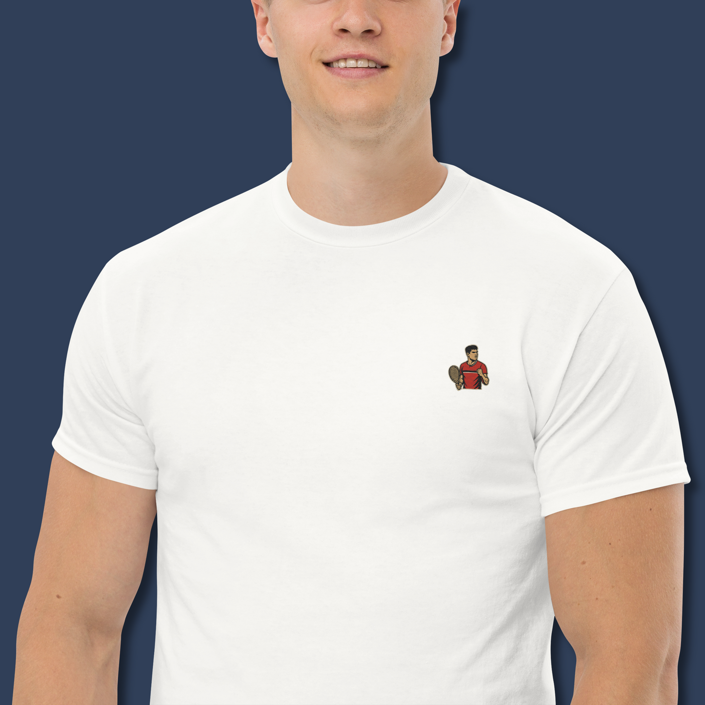 cotton short sleeve Tshirt featuring small embroidered Carlos Alcaraz graphic design, tennis fan gear.