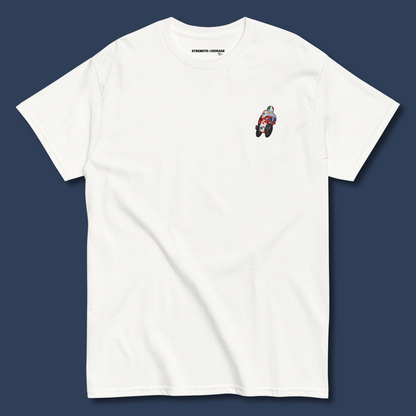 Embroidered cotton T-shirt featuring Giacomo Agostini riding his legendary MV Agusta, celebrating the golden era of MotoGP and one of the greatest World Champions in racing history. This short sleeve T-shirt design captures pure speed, style, and heritage. Made from premium cotton, it’s a timeless graphic tee and perfect Tshirt gift for him with free shipping included. Honor Agostini’s racing legacy and Italian excellence. Shop now and wear motorcycle history!