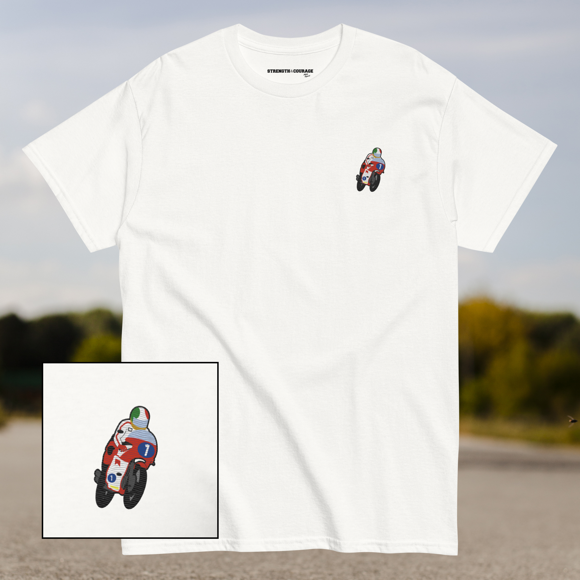 Embroidered cotton T-shirt featuring Giacomo Agostini riding his legendary MV Agusta, celebrating the golden era of MotoGP and one of the greatest World Champions in racing history. This short sleeve T-shirt design captures pure speed, style, and heritage. Made from premium cotton, it’s a timeless graphic tee and perfect Tshirt gift for him with free shipping included. Honor Agostini’s racing legacy and Italian excellence. Shop now and wear motorcycle history!