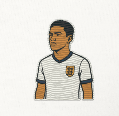White premium cotton short sleeve t-shirt featuring a small, detailed embroidery of football player Jude Bellingham wearing an England national team kit.