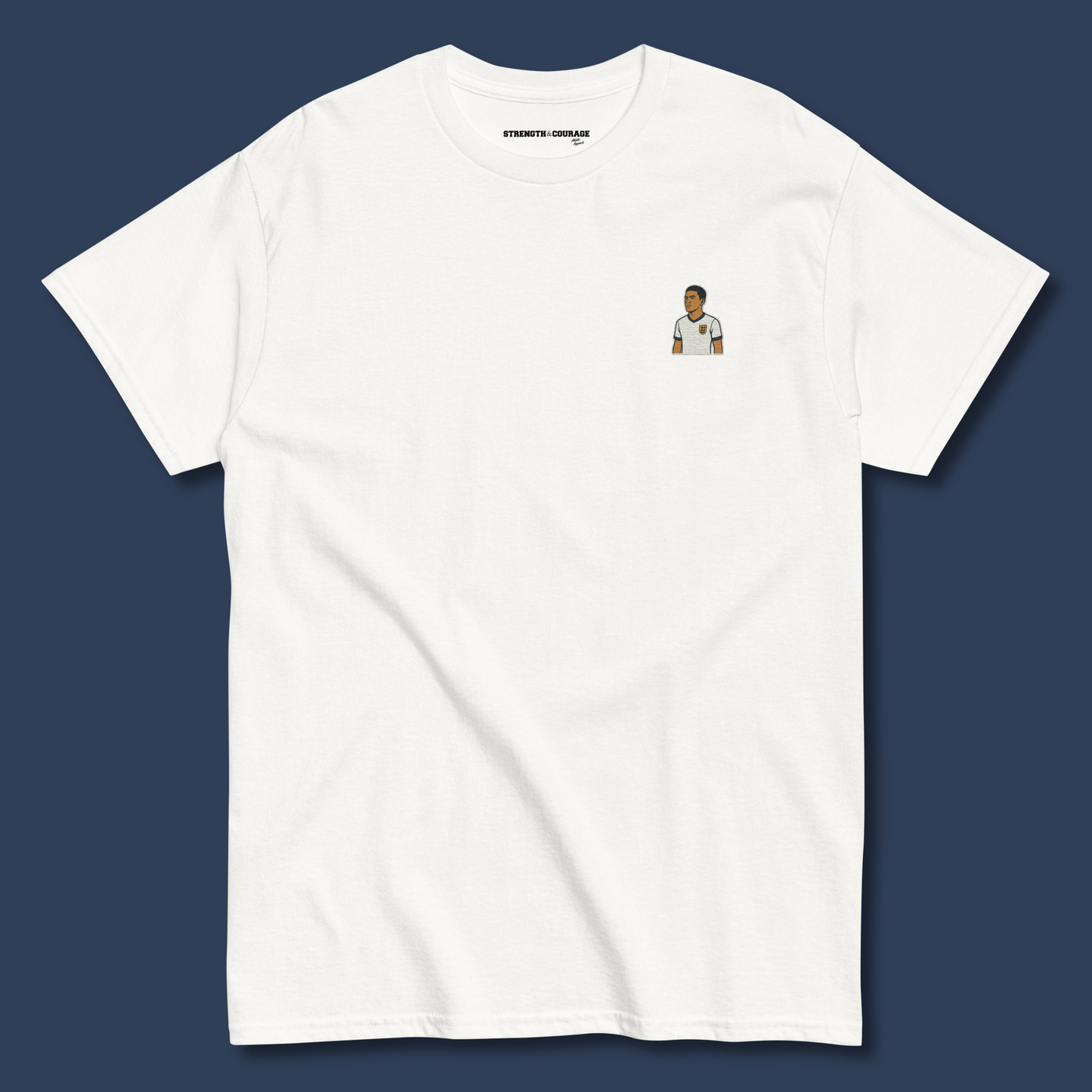 White premium cotton short sleeve t-shirt featuring a small, detailed embroidery of football player Jude Bellingham wearing an England national team kit.