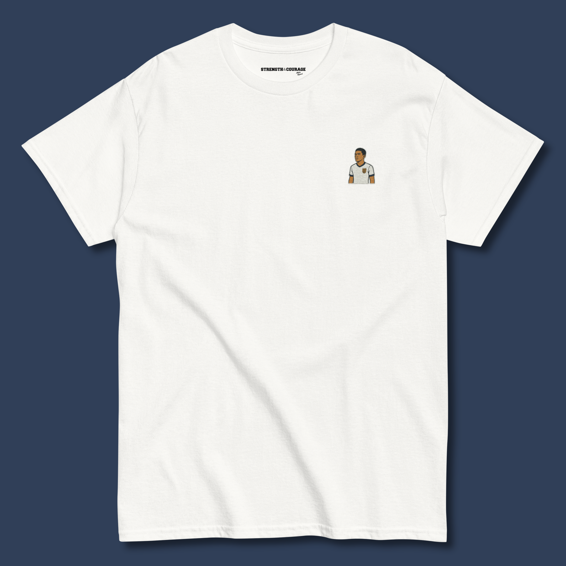 White premium cotton short sleeve t-shirt featuring a small, detailed embroidery of football player Jude Bellingham wearing an England national team kit.