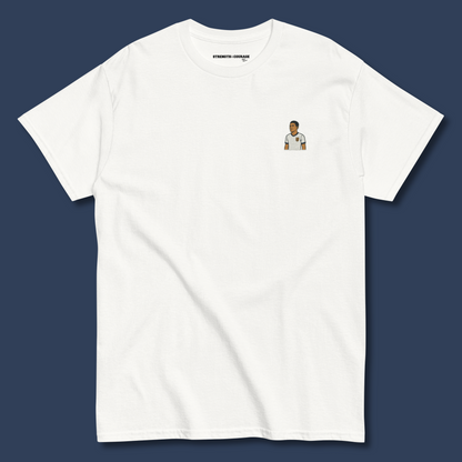 White premium cotton short sleeve t-shirt featuring a small, detailed embroidery of football player Jude Bellingham wearing an England national team kit.