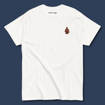 Men's (or Unisex) white cotton t-shirt featuring a small, vintage-inspired embroidered patch/graphic of NBA basketball player LeBron James in his L.A. Lakers jersey (number 23). Graphic tees, gift for him, retro style, Strength and Courage brand.