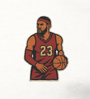 Men's (or Unisex) white cotton t-shirt featuring a small, vintage-inspired embroidered patch/graphic of NBA basketball player LeBron James in his L.A. Lakers jersey (number 23). Graphic tees, gift for him, retro style, Strength and Courage brand.