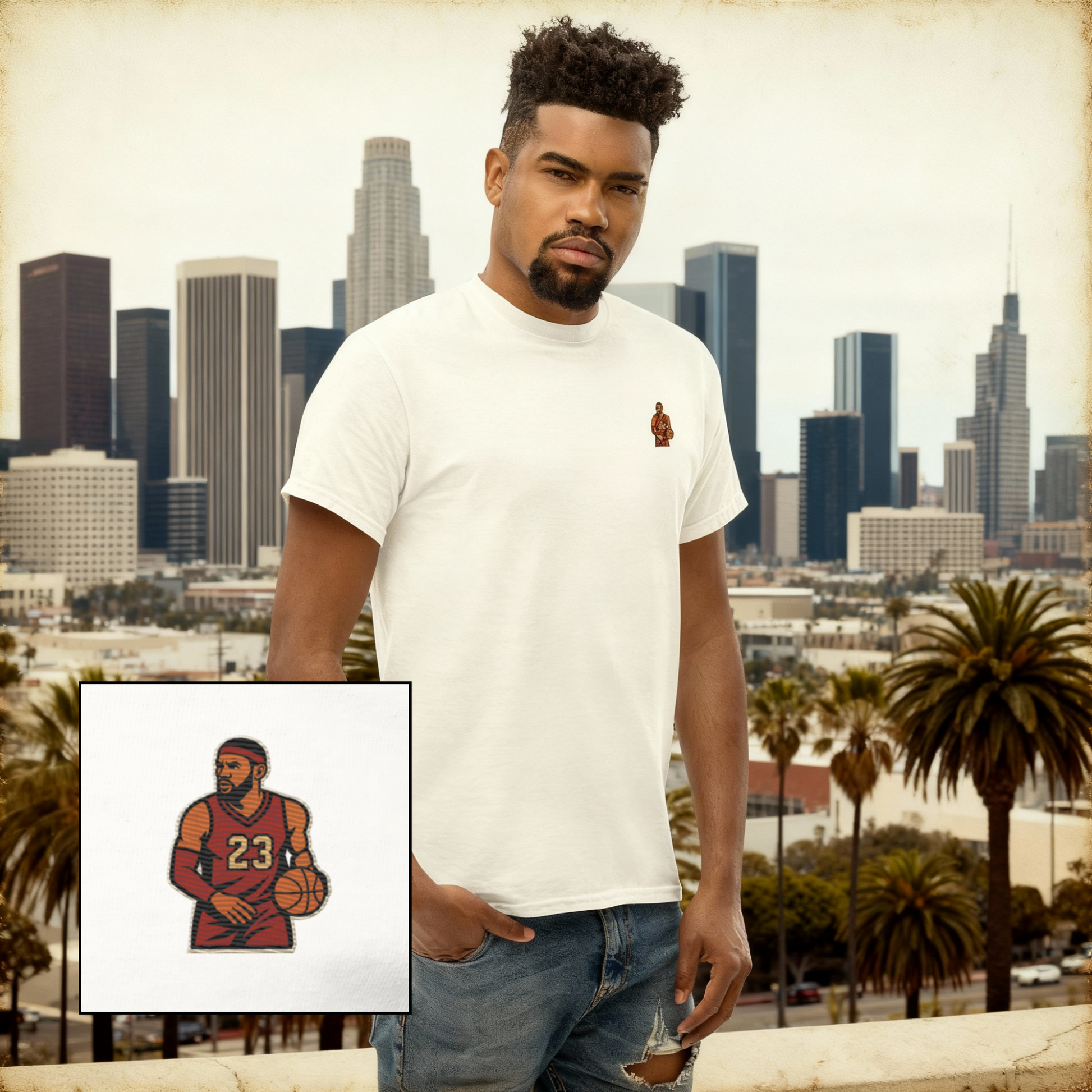 Men's (or Unisex) white cotton t-shirt featuring a small, vintage-inspired embroidered patch/graphic of NBA basketball player LeBron James in his L.A. Lakers jersey (number 23). Graphic tees, gift for him, retro style, Strength and Courage brand.