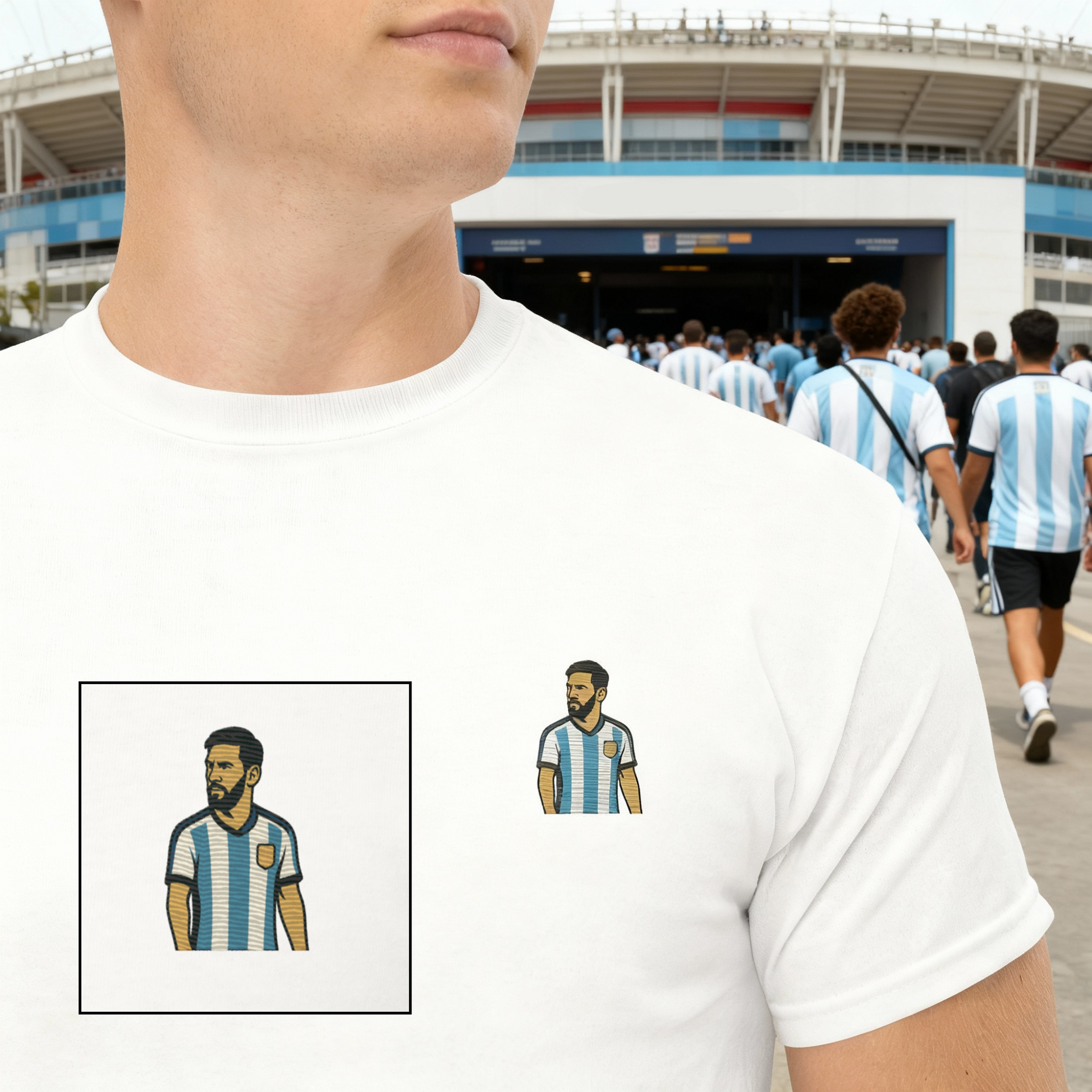 Men's (or Unisex)  cotton graphic tee featuring a small, retro-inspired embroidered patch/graphic of football player Lionel Messi in the Argentina (AFA) 'Albiceleste' jersey. GOAT, soccer, football, vintage style, Strength and Courage brand.