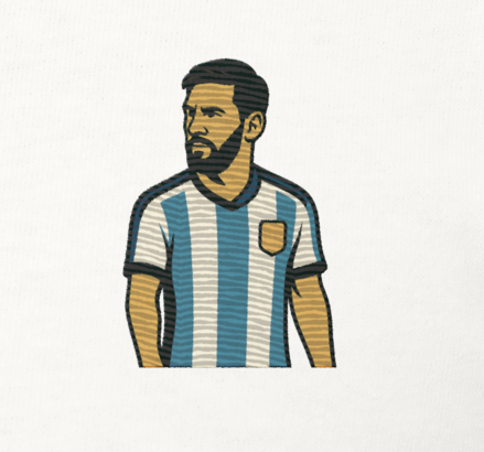 Men's (or Unisex) white cotton graphic tee featuring a small, retro-inspired embroidered patch/graphic of football player Lionel Messi in the Argentina (AFA) 'Albiceleste' jersey. GOAT, soccer, football, vintage style, Strength and Courage brand.