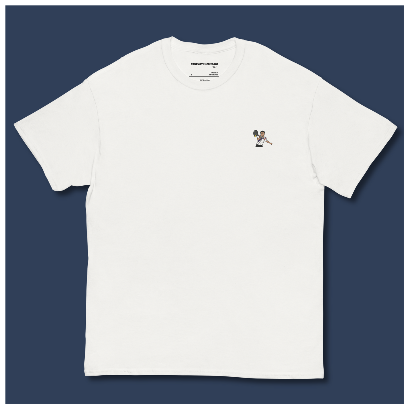 White cotton short sleeve t-shirt featuring a small, high-quality embroidery of tennis legend Michael Chang in a white and black kit, perfect for ATP tennis fans.