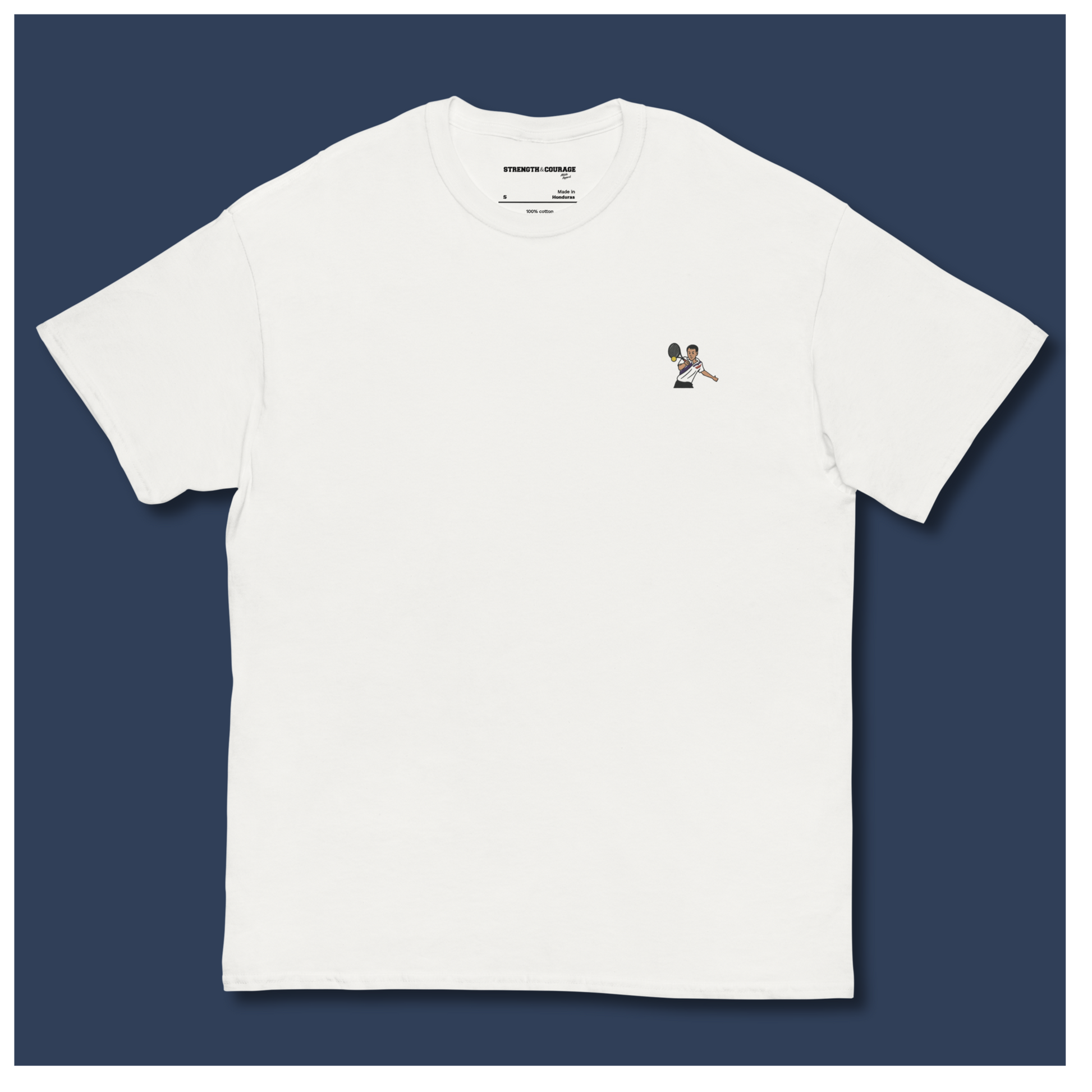 White cotton short sleeve t-shirt featuring a small, high-quality embroidery of tennis legend Michael Chang in a white and black kit, perfect for ATP tennis fans.