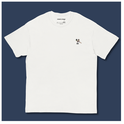 White cotton short sleeve t-shirt featuring a small, high-quality embroidery of tennis legend Michael Chang in a white and black kit, perfect for ATP tennis fans.