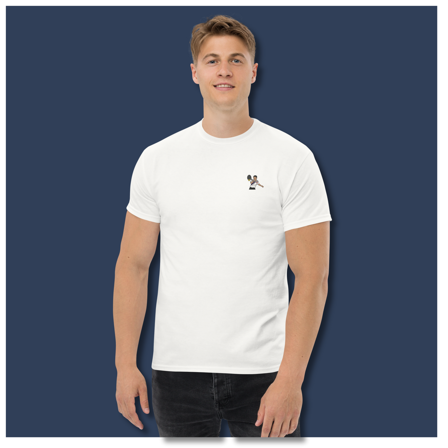 White cotton short sleeve t-shirt featuring a small, high-quality embroidery of tennis legend Michael Chang in a white and black kit, perfect for ATP tennis fans.