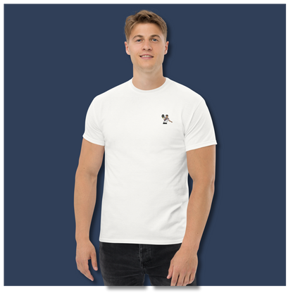 White cotton short sleeve t-shirt featuring a small, high-quality embroidery of tennis legend Michael Chang in a white and black kit, perfect for ATP tennis fans.