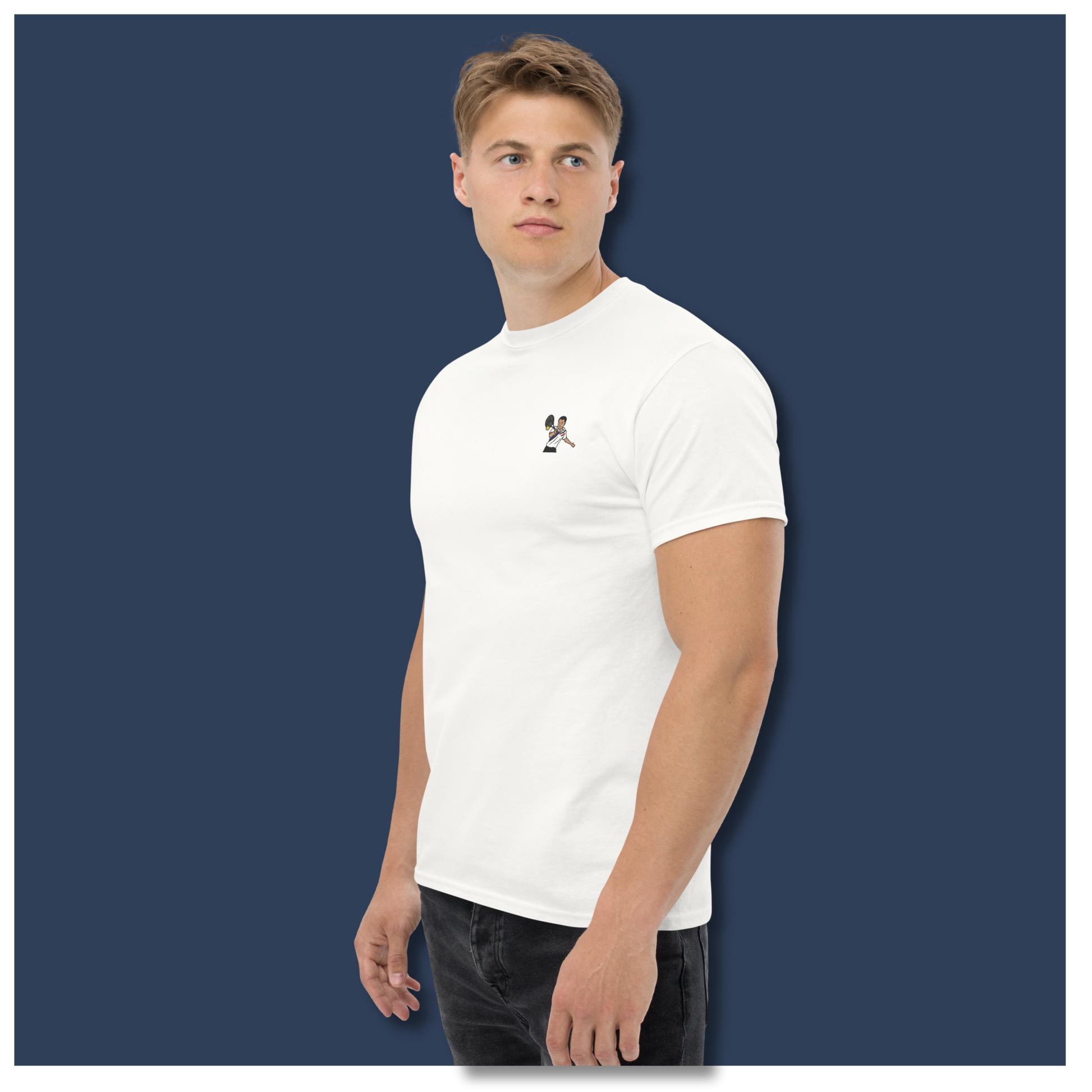 White cotton short sleeve t-shirt featuring a small, high-quality embroidery of tennis legend Michael Chang in a white and black kit, perfect for ATP tennis fans.