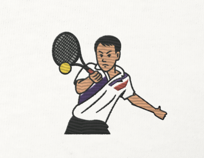 White cotton short sleeve t-shirt featuring a small, high-quality embroidery of tennis legend Michael Chang in a white and black kit, perfect for ATP tennis fans.
