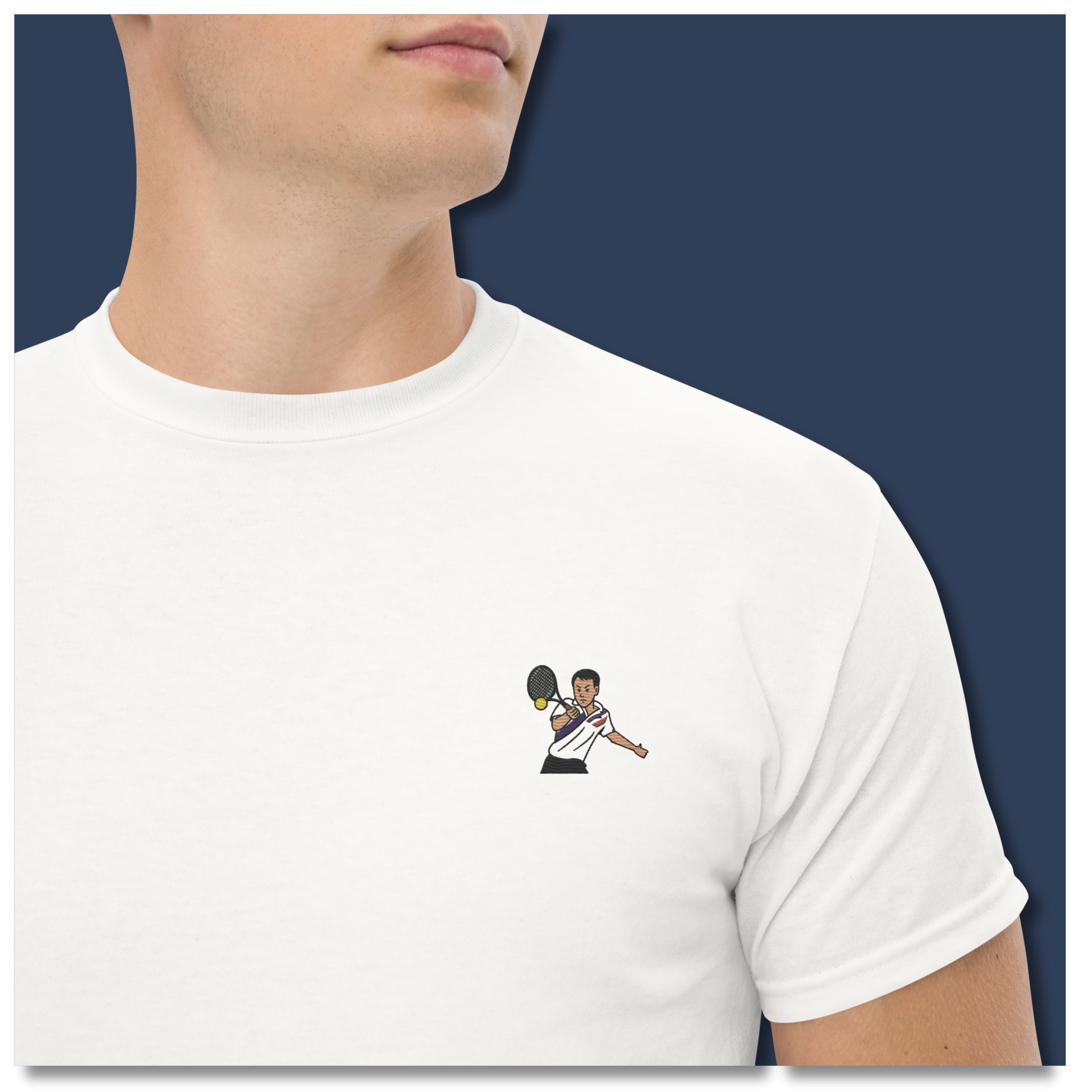 White cotton short sleeve t-shirt featuring a small, high-quality embroidery of tennis legend Michael Chang in a white and black kit, perfect for ATP tennis fans.