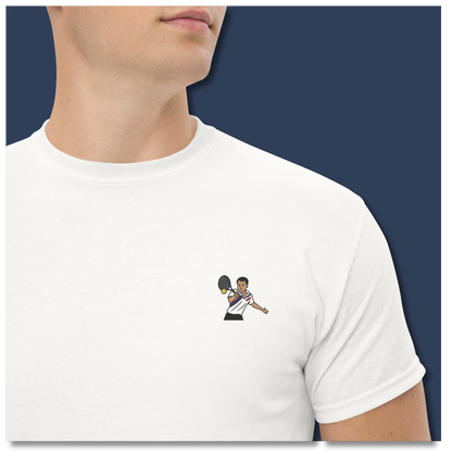 White cotton short sleeve t-shirt featuring a small, high-quality embroidery of tennis legend Michael Chang in a white and black kit, perfect for ATP tennis fans.