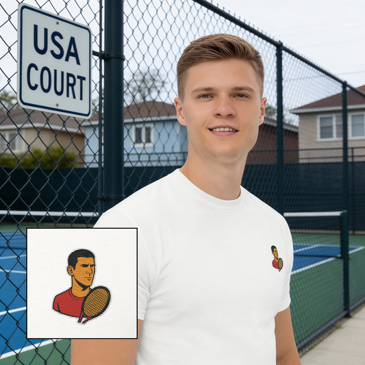 White cotton short sleeve t-shirt featuring a small, minimalist embroidered graphic design of tennis player Novak Djokovic in a red shirt holding a racket.