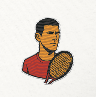White cotton short sleeve t-shirt featuring a small, minimalist embroidered graphic design of tennis player Novak Djokovic in a red shirt holding a racket.