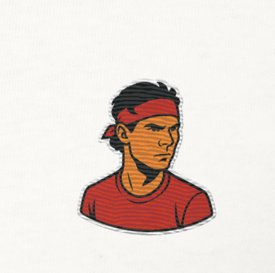 White premium cotton short sleeve t-shirt featuring a small, detailed embroidery of tennis legend Rafael Nadal in his signature pose.
