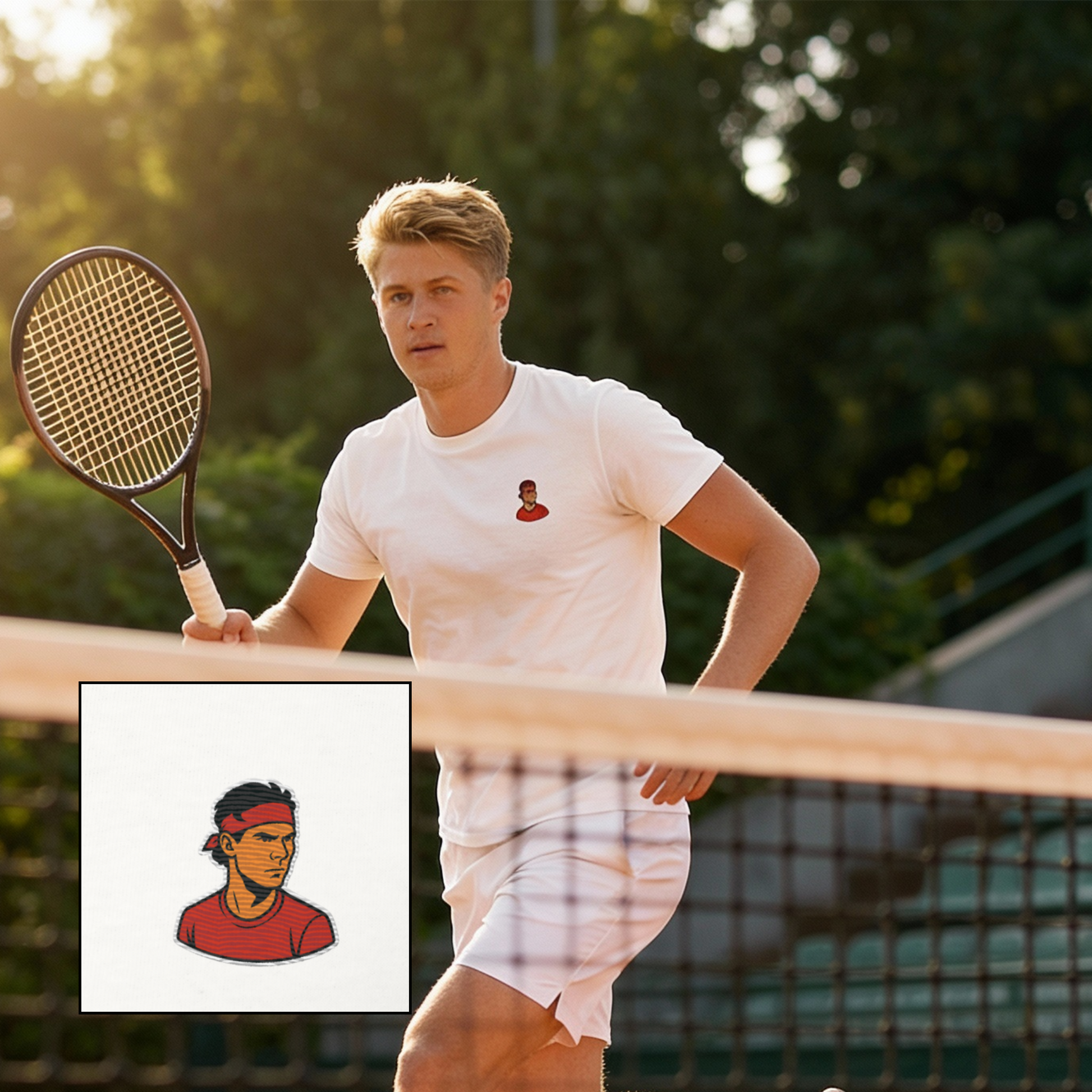 White premium cotton short sleeve t-shirt featuring a small, detailed embroidery of tennis legend Rafael Nadal in his signature pose.