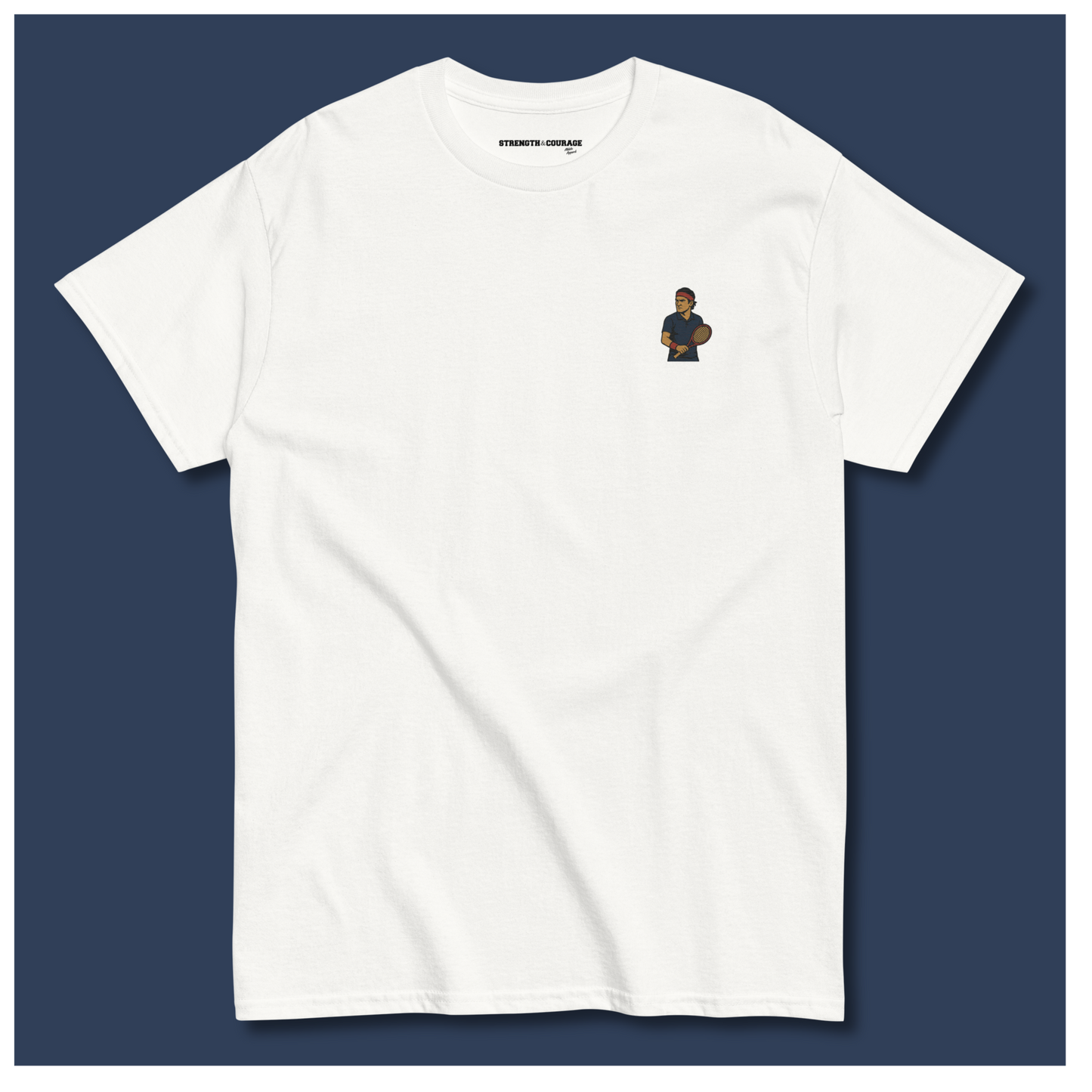 Premium white cotton short sleeve t-shirt featuring a small embroidered graphic of Roger Federer in a navy tennis kit and his iconic red headband.
