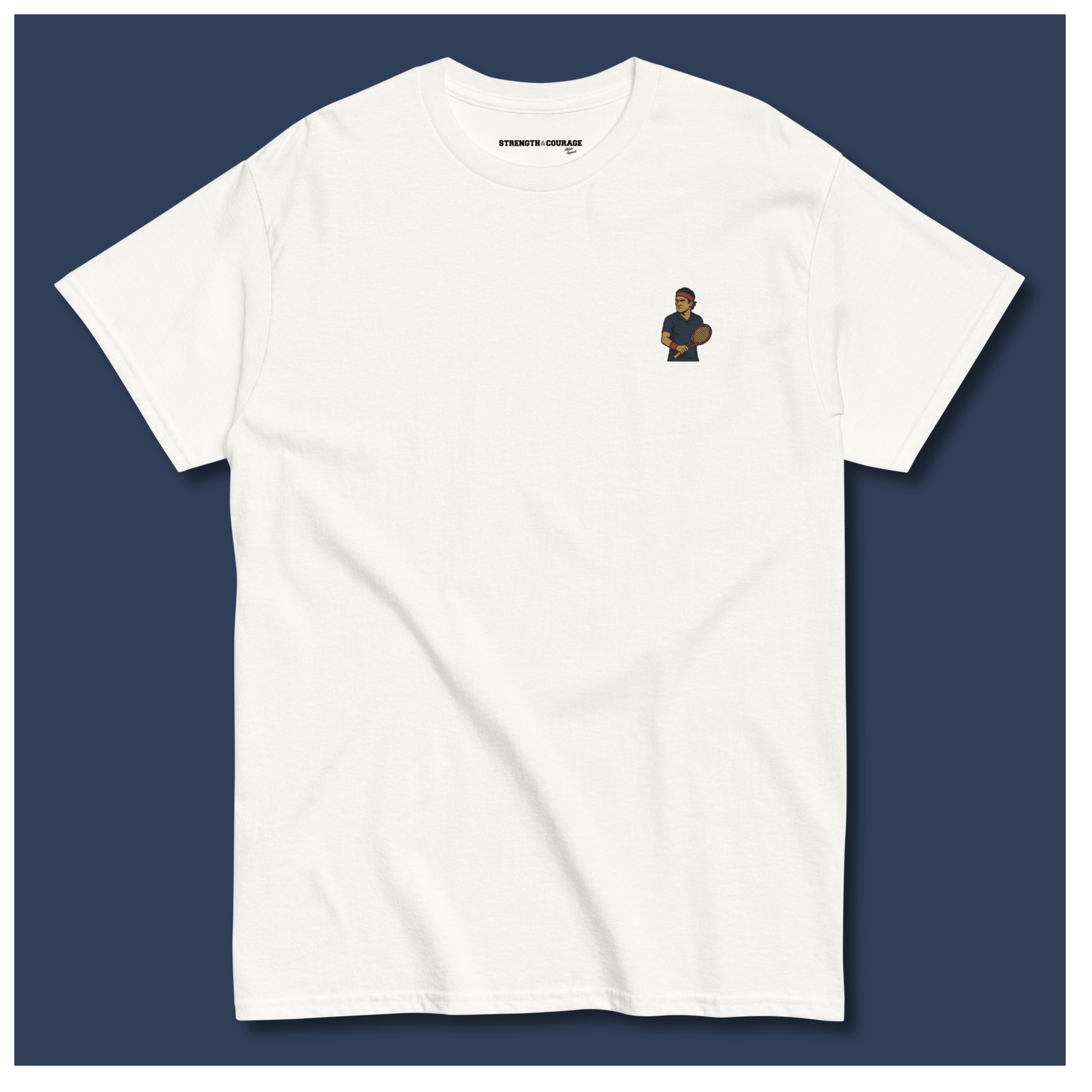 Premium white cotton short sleeve t-shirt featuring a small embroidered graphic of Roger Federer in a navy tennis kit and his iconic red headband.