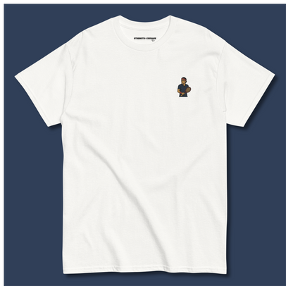 Premium white cotton short sleeve t-shirt featuring a small embroidered graphic of Roger Federer in a navy tennis kit and his iconic red headband.