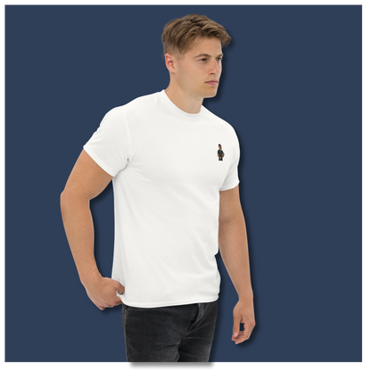 Premium white cotton short sleeve t-shirt featuring a small embroidered graphic of Roger Federer in a navy tennis kit and his iconic red headband.