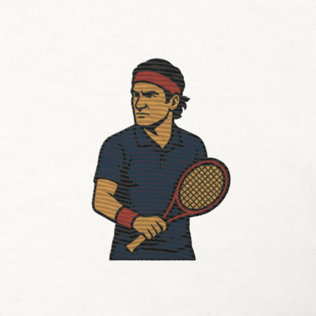 Premium white cotton short sleeve t-shirt featuring a small embroidered graphic of Roger Federer in a navy tennis kit and his iconic red headband.