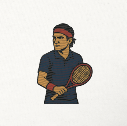 Premium white cotton short sleeve t-shirt featuring a small embroidered graphic of Roger Federer in a navy tennis kit and his iconic red headband.