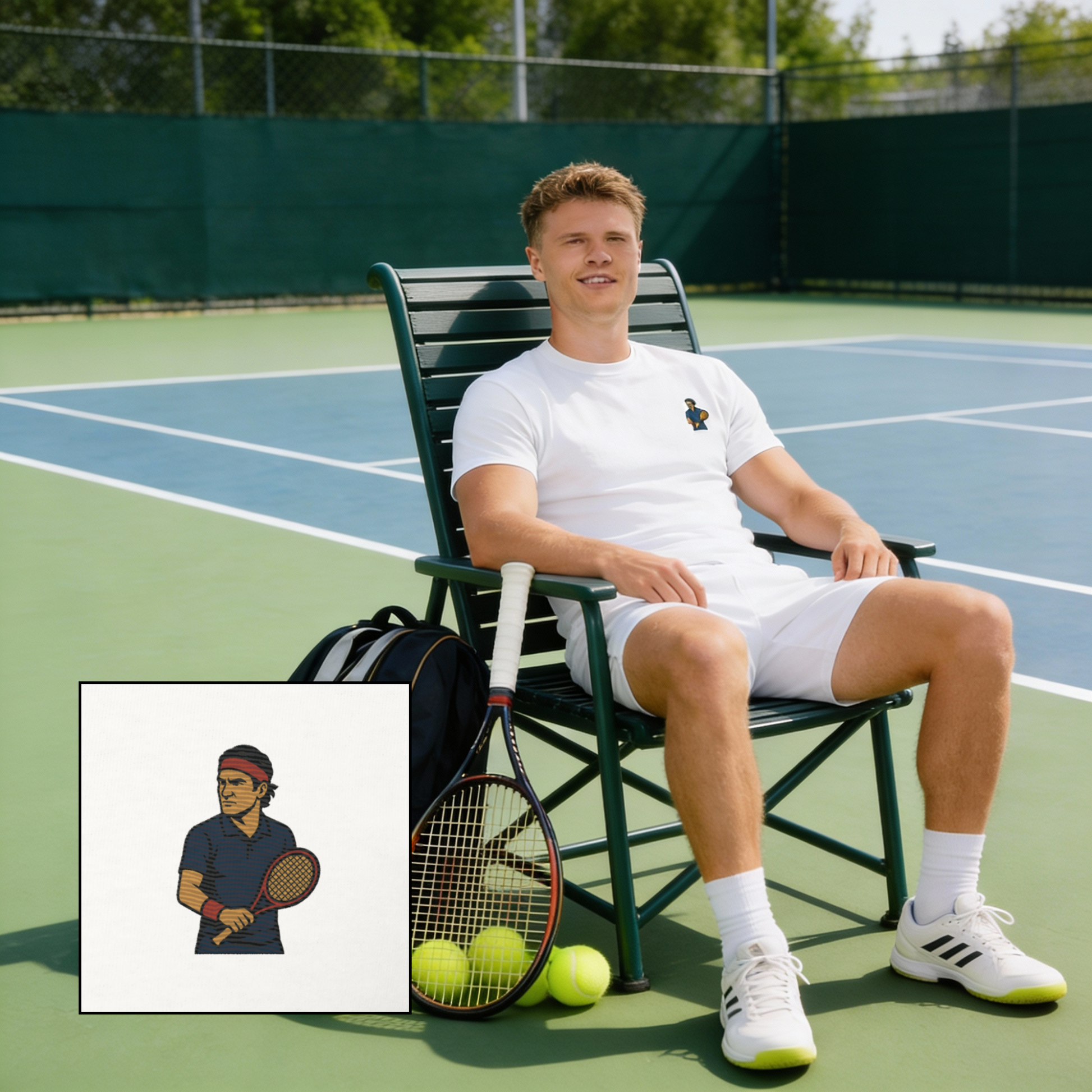 Premium white cotton short sleeve t-shirt featuring a small embroidered graphic of Roger Federer in a navy tennis kit and his iconic red headband.