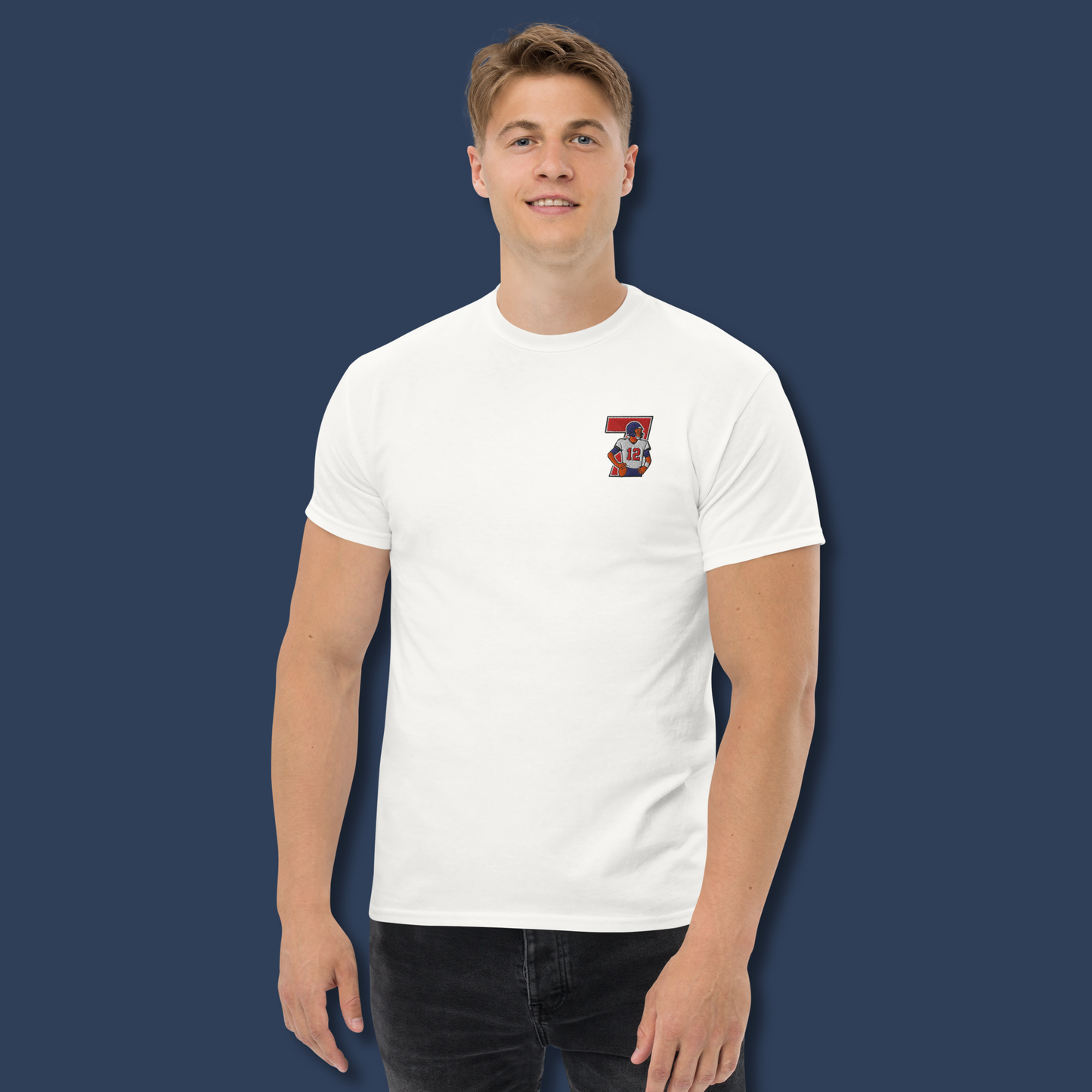 Embroidered cotton T-shirt featuring Tom Brady captured mid-throw in an iconic NFL moment. This vintage-inspired T-shirt design celebrates his unmatched Super Bowl legacy and leadership on the field. Made from premium cotton, it’s a stylish graphic tee for true football fans. A perfect Tshirt gift for him with free shipping included. Honor Tom Brady’s greatness and Nike-inspired athletic spirit with this exclusive design.