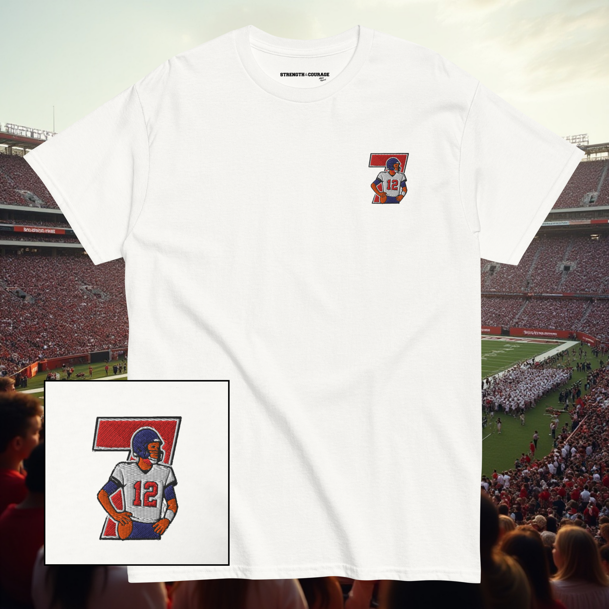 Embroidered cotton T-shirt featuring Tom Brady captured mid-throw in an iconic NFL moment. This vintage-inspired T-shirt design celebrates his unmatched Super Bowl legacy and leadership on the field. Made from premium cotton, it’s a stylish graphic tee for true football fans. A perfect Tshirt gift for him with free shipping included. Honor Tom Brady’s greatness and Nike-inspired athletic spirit with this exclusive design.