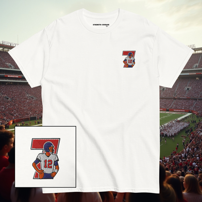 Embroidered cotton T-shirt featuring Tom Brady captured mid-throw in an iconic NFL moment. This vintage-inspired T-shirt design celebrates his unmatched Super Bowl legacy and leadership on the field. Made from premium cotton, it’s a stylish graphic tee for true football fans. A perfect Tshirt gift for him with free shipping included. Honor Tom Brady’s greatness and Nike-inspired athletic spirit with this exclusive design.