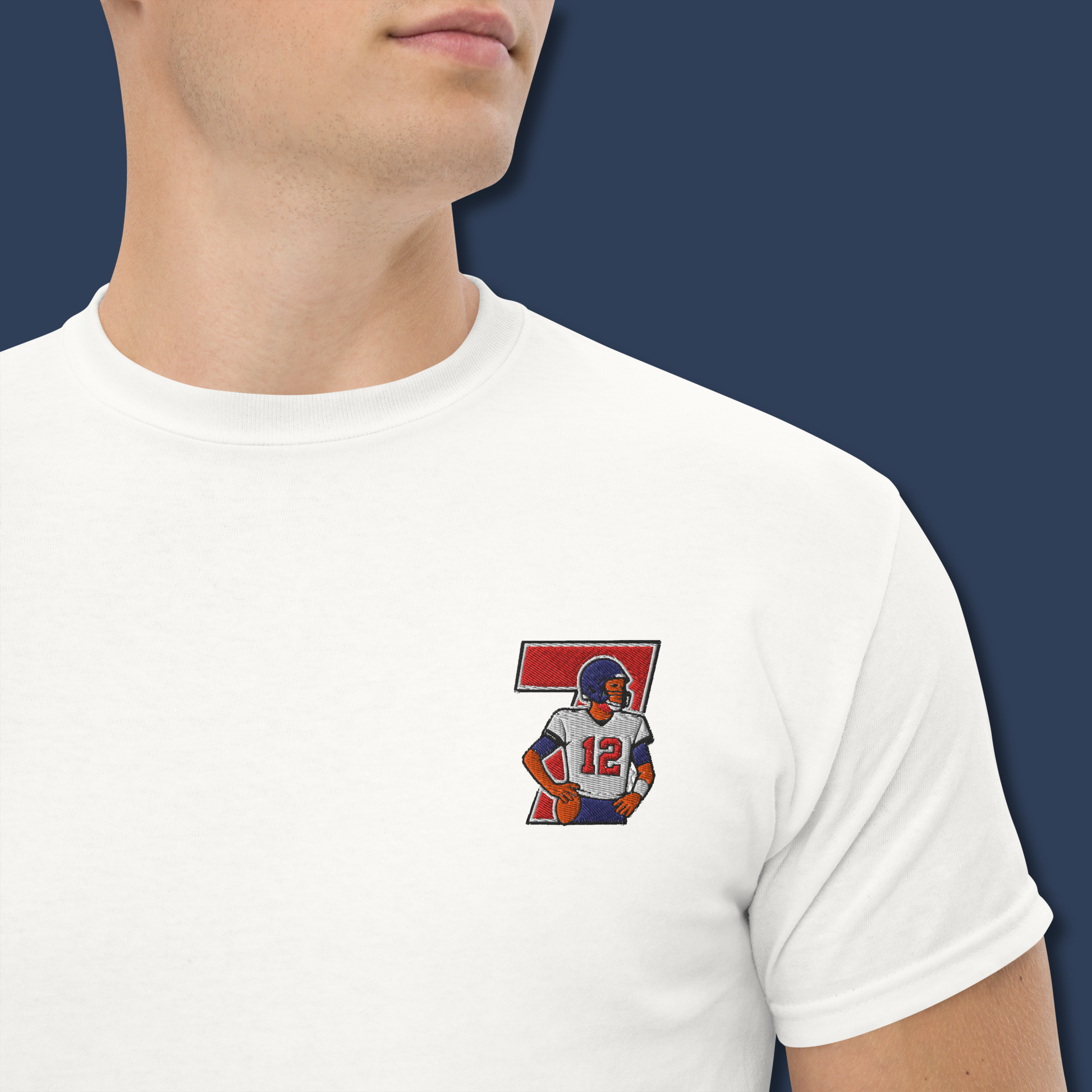 Embroidered cotton T-shirt featuring Tom Brady captured mid-throw in an iconic NFL moment. This vintage-inspired T-shirt design celebrates his unmatched Super Bowl legacy and leadership on the field. Made from premium cotton, it’s a stylish graphic tee for true football fans. A perfect Tshirt gift for him with free shipping included. Honor Tom Brady’s greatness and Nike-inspired athletic spirit with this exclusive design.