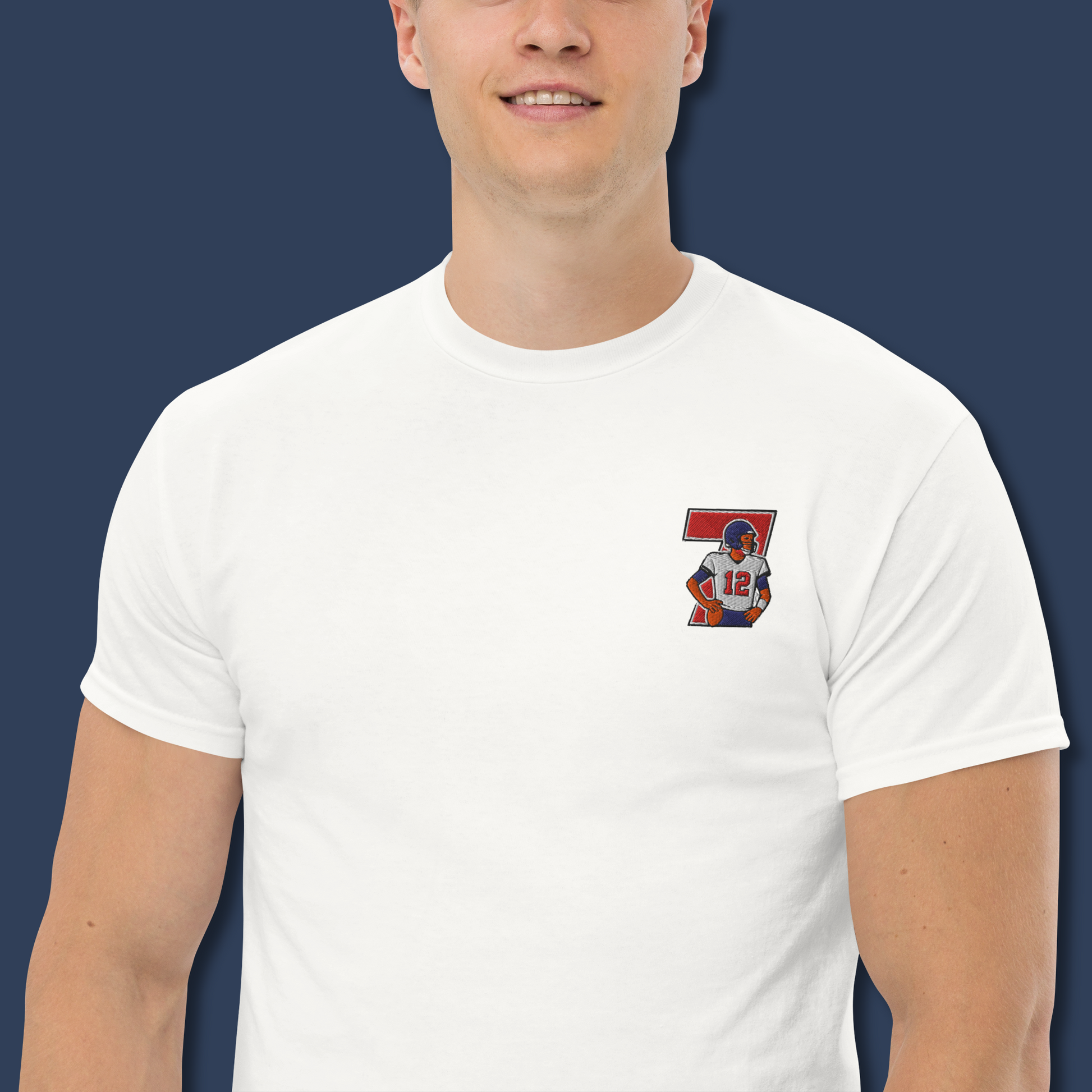 Embroidered cotton T-shirt featuring Tom Brady captured mid-throw in an iconic NFL moment. This vintage-inspired T-shirt design celebrates his unmatched Super Bowl legacy and leadership on the field. Made from premium cotton, it’s a stylish graphic tee for true football fans. A perfect Tshirt gift for him with free shipping included. Honor Tom Brady’s greatness and Nike-inspired athletic spirit with this exclusive design.