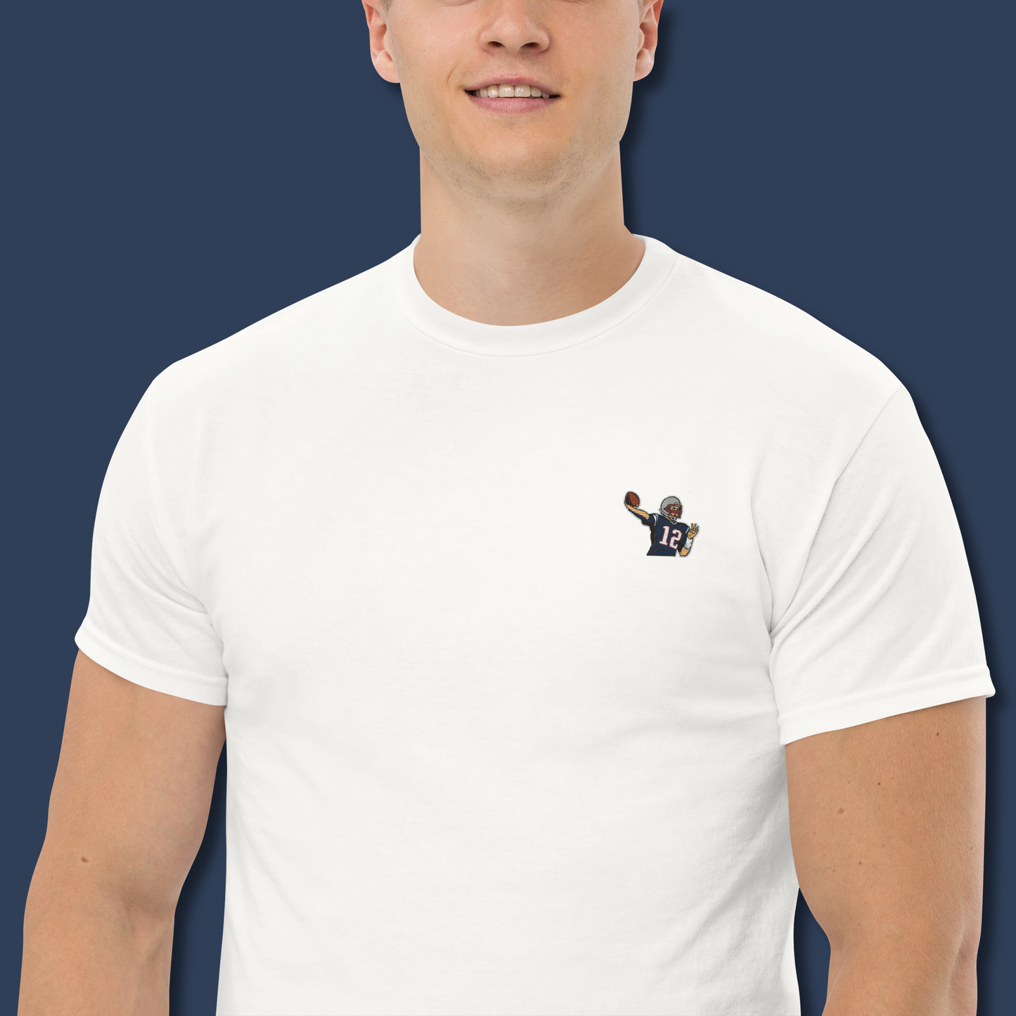 Embroidered cotton T-shirt featuring Tom Brady, the legendary New England Patriots quarterback, captured mid-throw in an iconic NFL moment. This vintage-inspired T-shirt design celebrates his unmatched Super Bowl legacy and leadership on the field. Made from premium cotton, it’s a stylish graphic tee for true football fans. A perfect Tshirt gift for him with free shipping included. Honor Tom Brady’s greatness and Nike-inspired athletic spirit with this exclusive design.