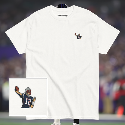 Embroidered cotton T-shirt featuring Tom Brady, the legendary New England Patriots quarterback, captured mid-throw in an iconic NFL moment. This vintage-inspired T-shirt design celebrates his unmatched Super Bowl legacy and leadership on the field. Made from premium cotton, it’s a stylish graphic tee for true football fans. A perfect Tshirt gift for him with free shipping included. Honor Tom Brady’s greatness and Nike-inspired athletic spirit with this exclusive design.