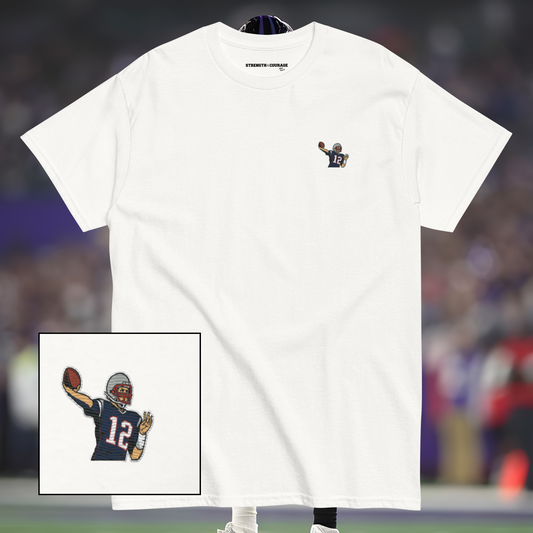 Embroidered cotton T-shirt featuring Tom Brady, the legendary New England Patriots quarterback, captured mid-throw in an iconic NFL moment. This vintage-inspired T-shirt design celebrates his unmatched Super Bowl legacy and leadership on the field. Made from premium cotton, it’s a stylish graphic tee for true football fans. A perfect Tshirt gift for him with free shipping included. Honor Tom Brady’s greatness and Nike-inspired athletic spirit with this exclusive design.