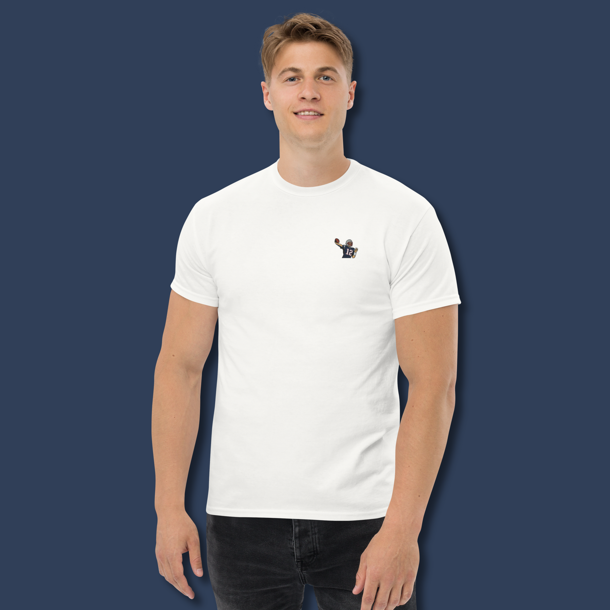 Embroidered cotton T-shirt featuring Tom Brady, the legendary New England Patriots quarterback, captured mid-throw in an iconic NFL moment. This vintage-inspired T-shirt design celebrates his unmatched Super Bowl legacy and leadership on the field. Made from premium cotton, it’s a stylish graphic tee for true football fans. A perfect Tshirt gift for him with free shipping included. Honor Tom Brady’s greatness and Nike-inspired athletic spirit with this exclusive design.