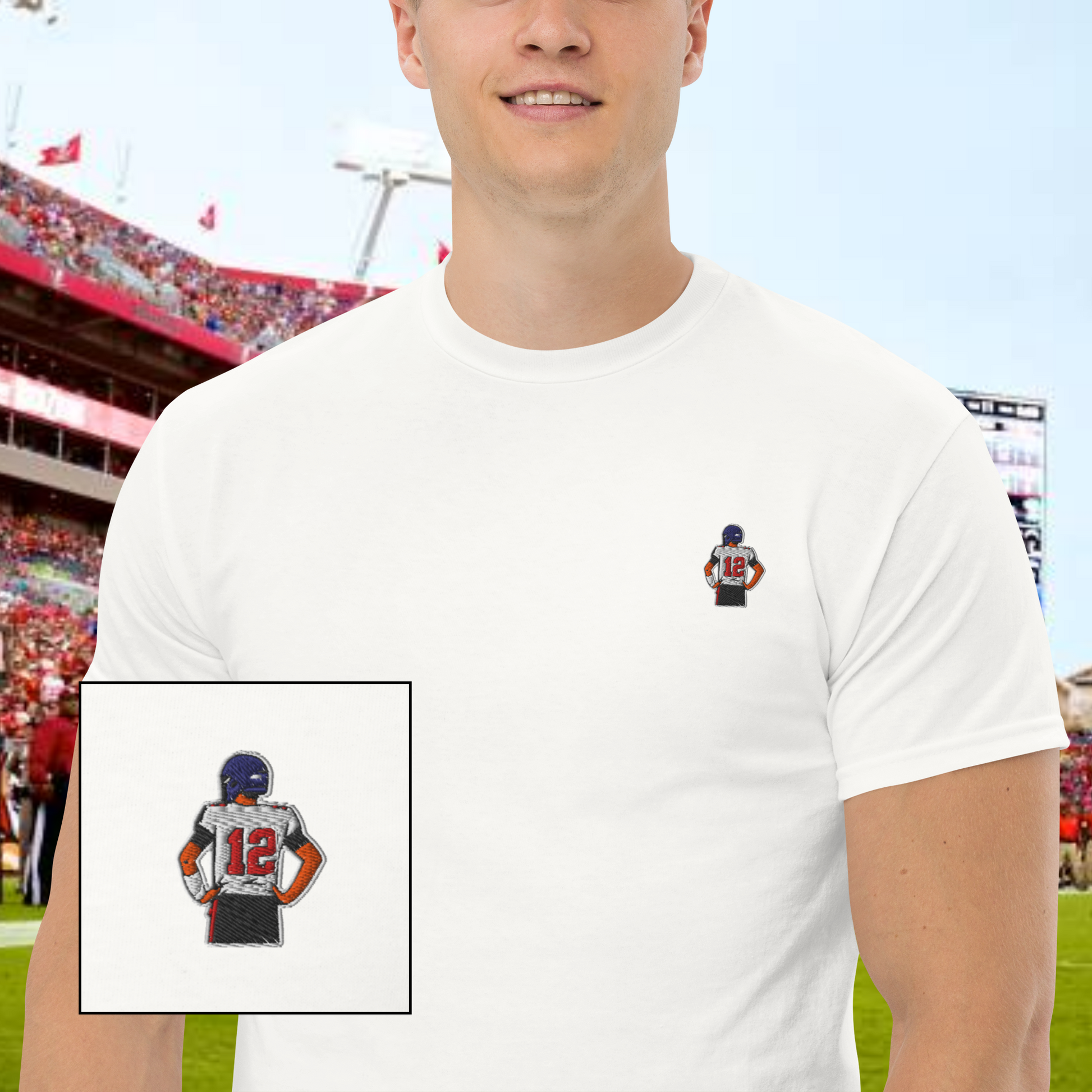 Embroidered cotton T-shirt featuring Tom Brady, the legendary Tampa Bay Buccaneers quarterback, captured mid-throw in an iconic NFL moment. This vintage-inspired T-shirt design celebrates his unmatched Super Bowl legacy and leadership on the field. Made from premium cotton, it’s a stylish graphic tee for true football fans. A perfect Tshirt gift for him with free shipping included. Honor Tom Brady’s greatness and Nike-inspired athletic spirit with this exclusive design.