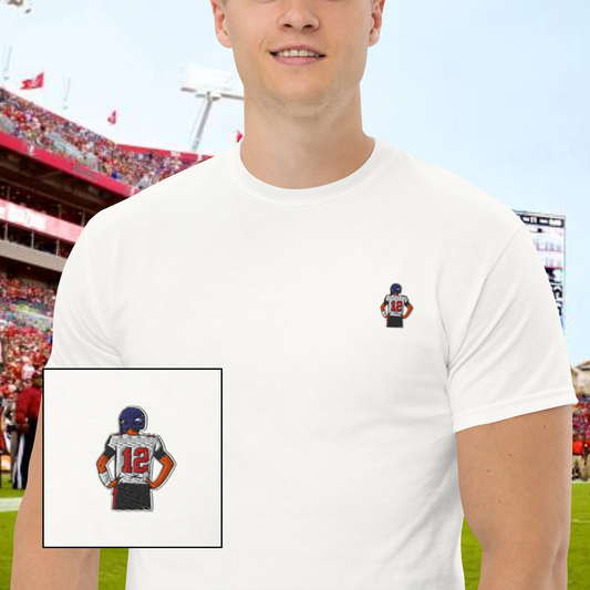 Embroidered cotton T-shirt featuring Tom Brady, the legendary Tampa Bay Buccaneers quarterback, captured mid-throw in an iconic NFL moment. This vintage-inspired T-shirt design celebrates his unmatched Super Bowl legacy and leadership on the field. Made from premium cotton, it’s a stylish graphic tee for true football fans. A perfect Tshirt gift for him with free shipping included. Honor Tom Brady’s greatness and Nike-inspired athletic spirit with this exclusive design.